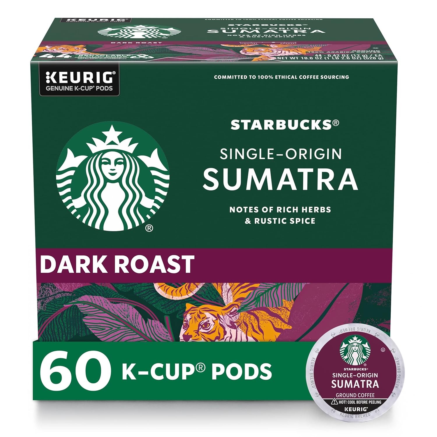 Starbucks K-Cup Coffee Pods, Dark Roast Coffee, Sumatra for Keurig Brewers, 100%