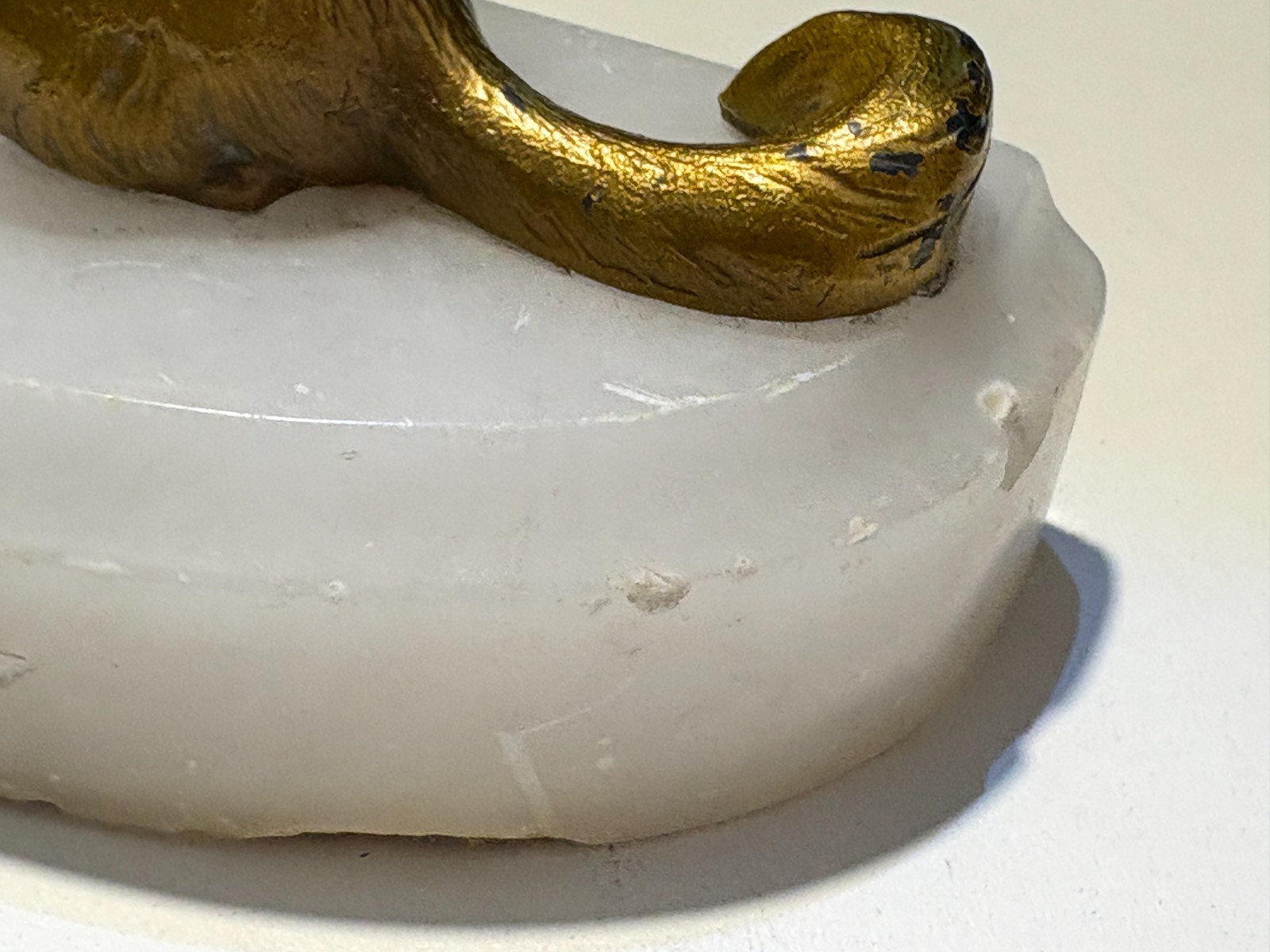 Brass VTG Dog on White Alabaster Marble Stone Mid Century-8×4.5×2.75-2.6 lbs