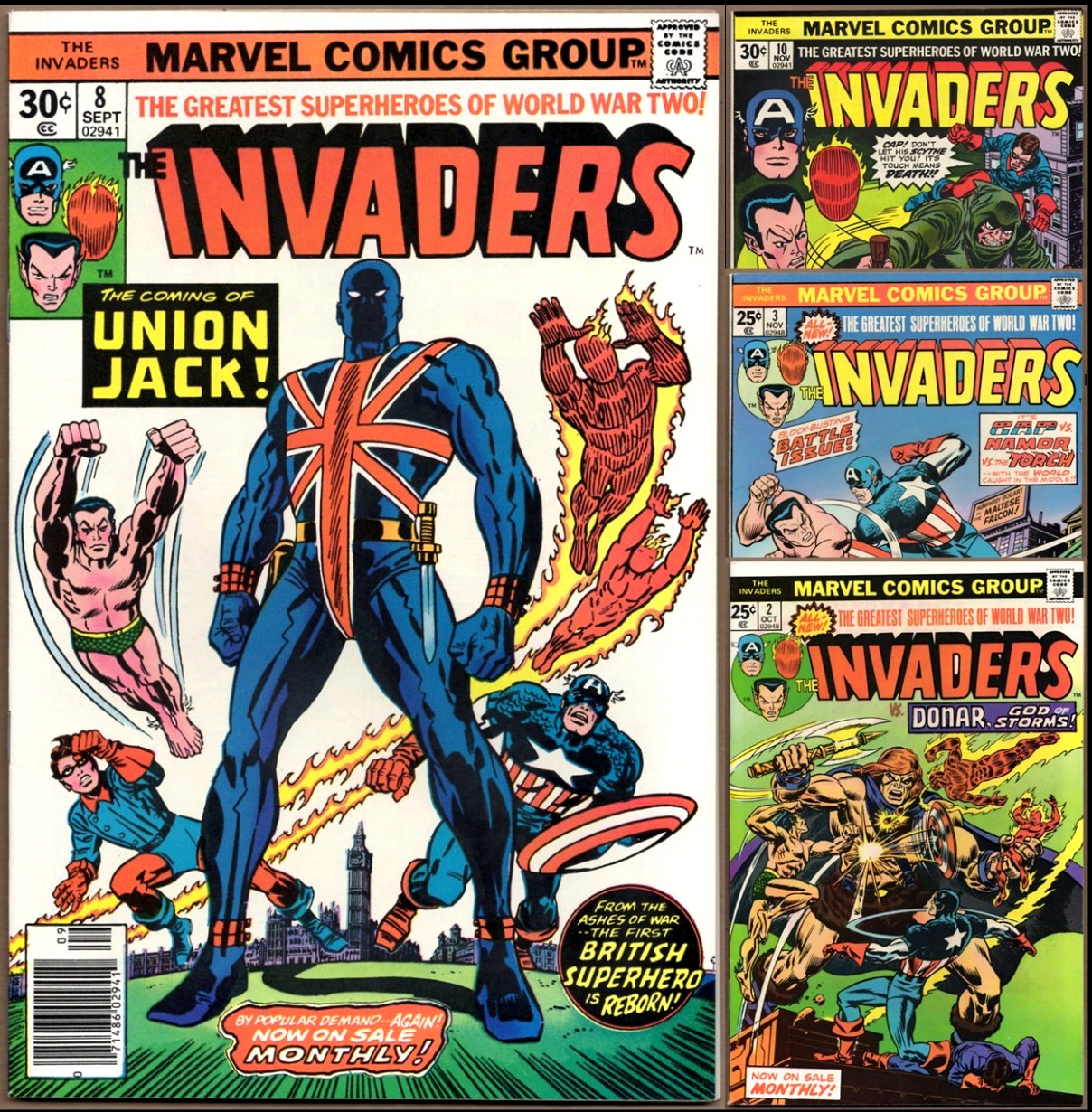 The INVADERS #2 3 8 & 10 (1976) 🔑 1ST UNION JACK Cover App.! MVS! LOOK! VF+