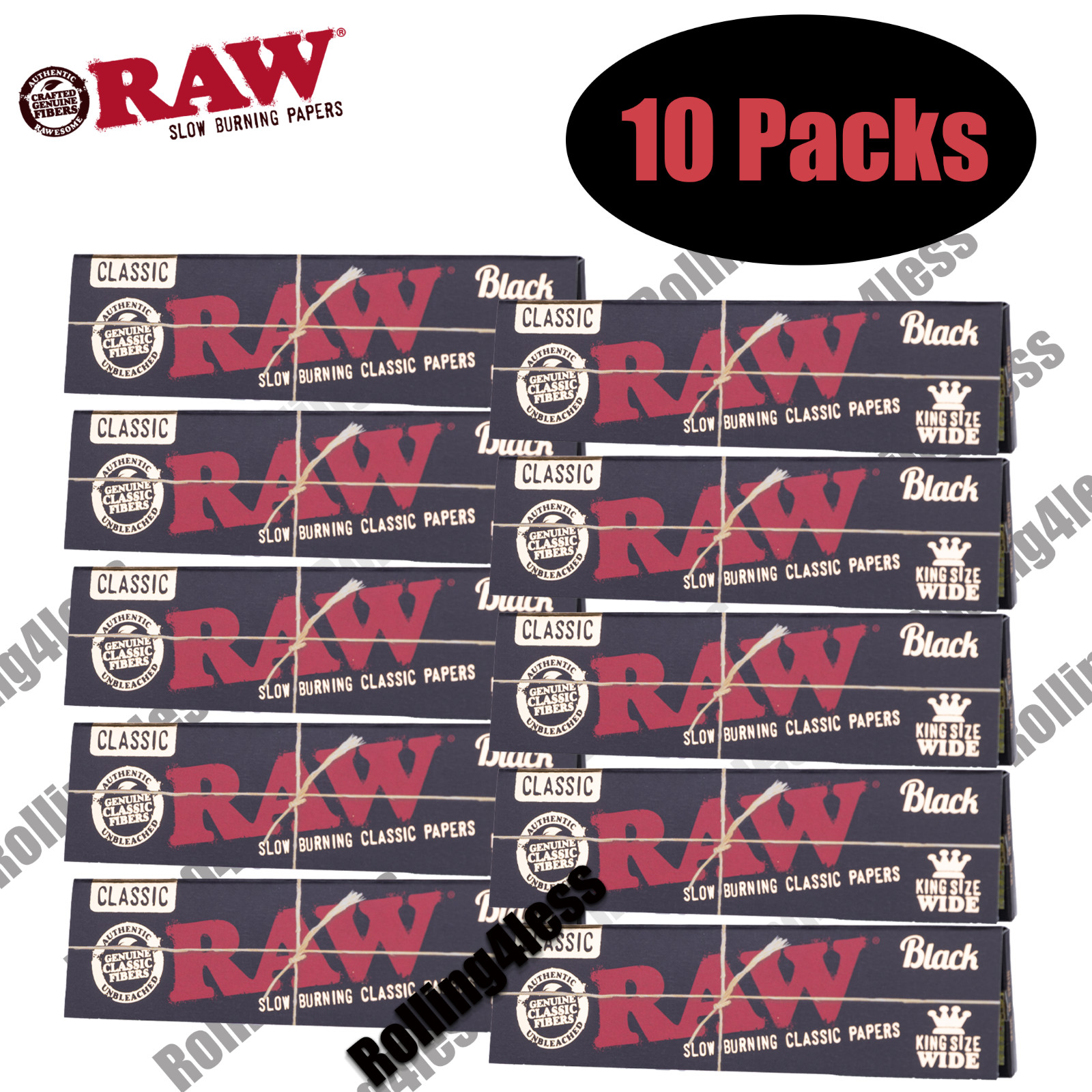 AUTHENTIC Raw Classic Black KINGSIZE Wide Unrefined Rolling Papers | 10 packs
