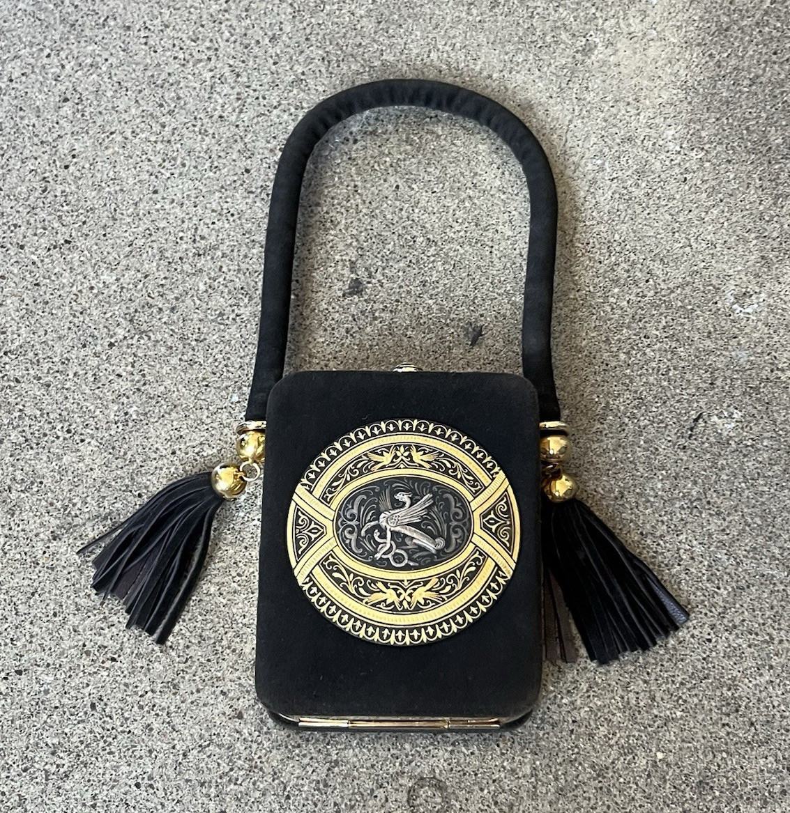 Vintage 50’s Black Suede Minaudière Purse Cosmetic Case w/ Mirror Gold Tassle