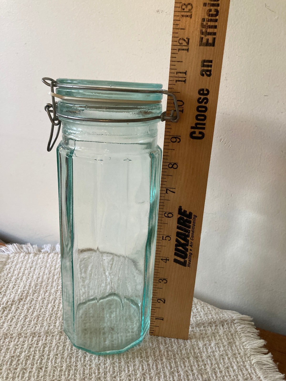 Vintage Hermetic 12-Panel Light Green Glass Storage Jar 11″T Wire Bail Lid Italy