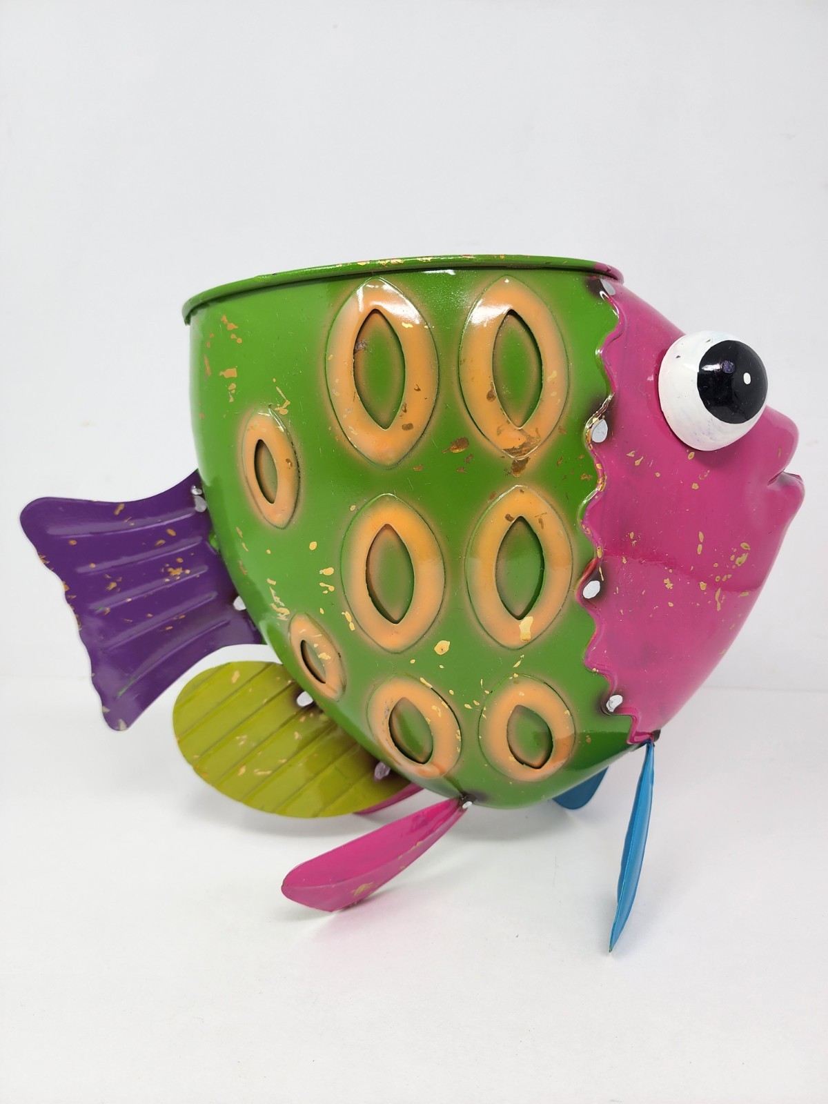 Evergreen Metal Fish Planter Indoor Or Outdoor Bright Whimsical Pink Green