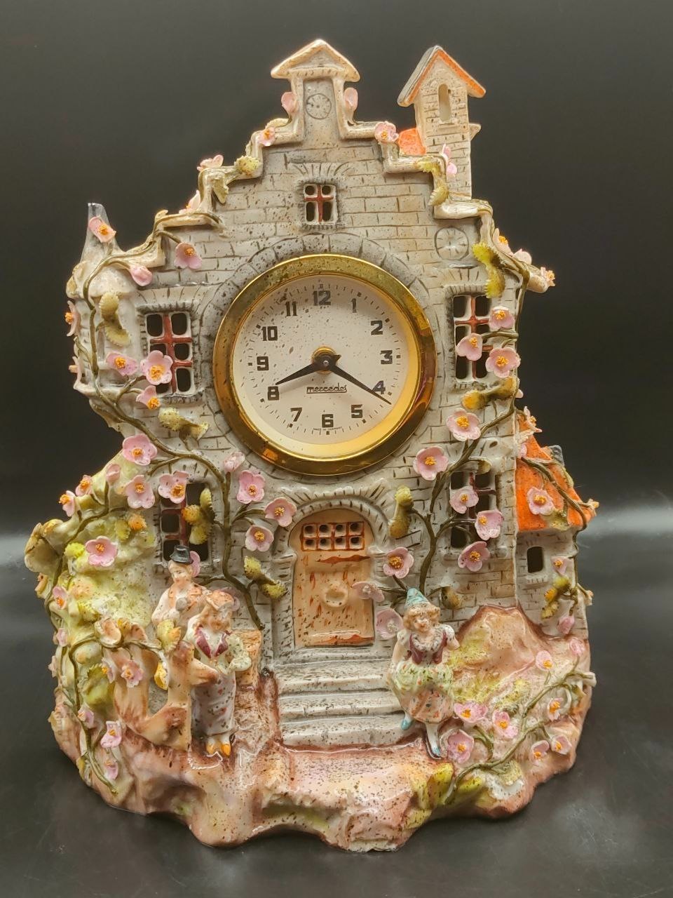 Vintage Thuringia Rudolstadt Porcelain Cottage Clock Mercedes Movement
