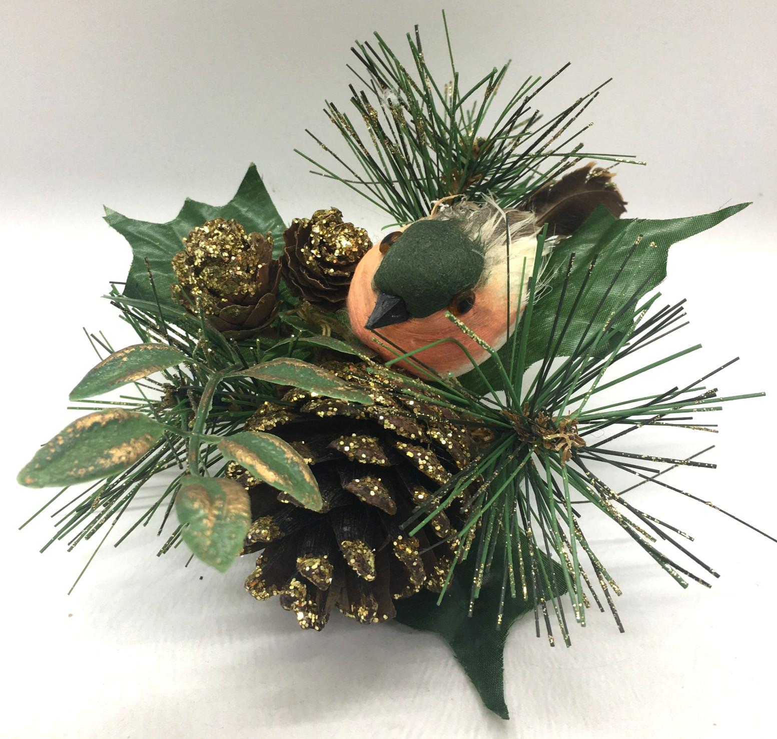 Feathered Bird Glittered Pine Cones Pine Needles Clip On Tree Ornament 5″ x 5″