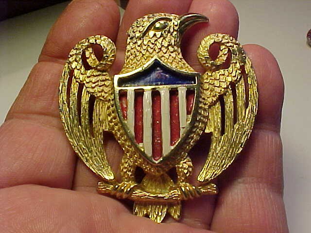 Vintage Gold Tone AMERICAN EAGLE USA Shield Flag Brooch Pin Red White Blue July4