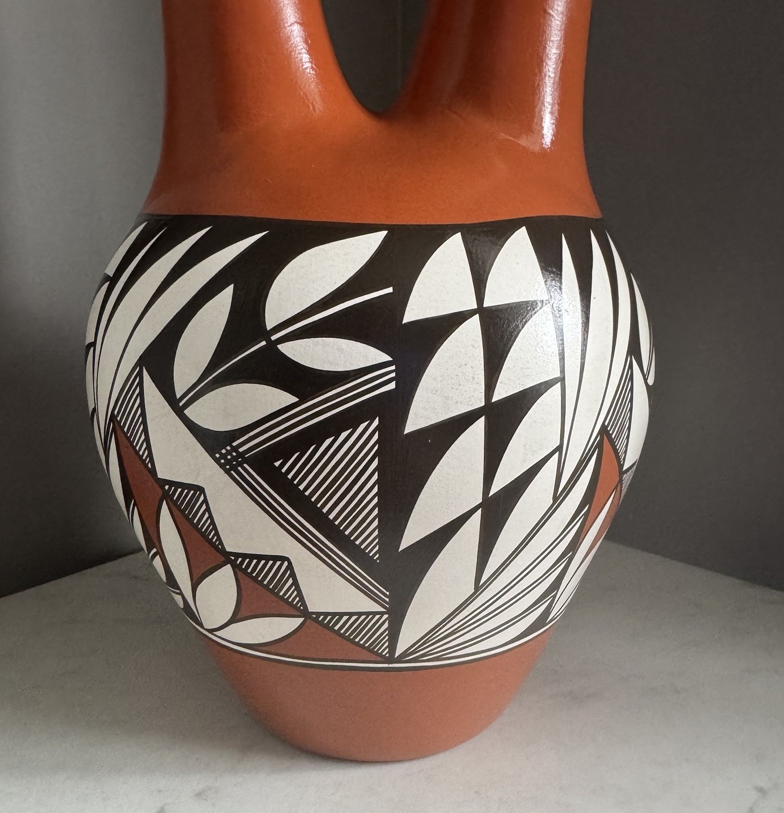 Isleta Pueblo GEOMETRIC Glazed Pottery Double Spout Wedding Vase LARGE 14.5”