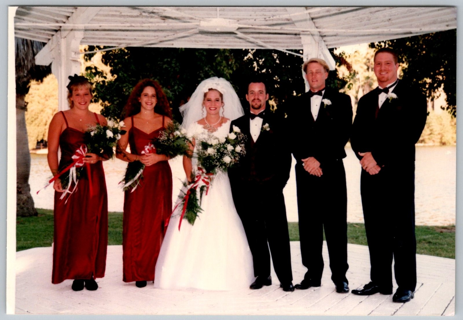 Vtg Color Snapshot Wedding Bride Groom Bridesmaids Groomsmen Gazebo 1990s Photo