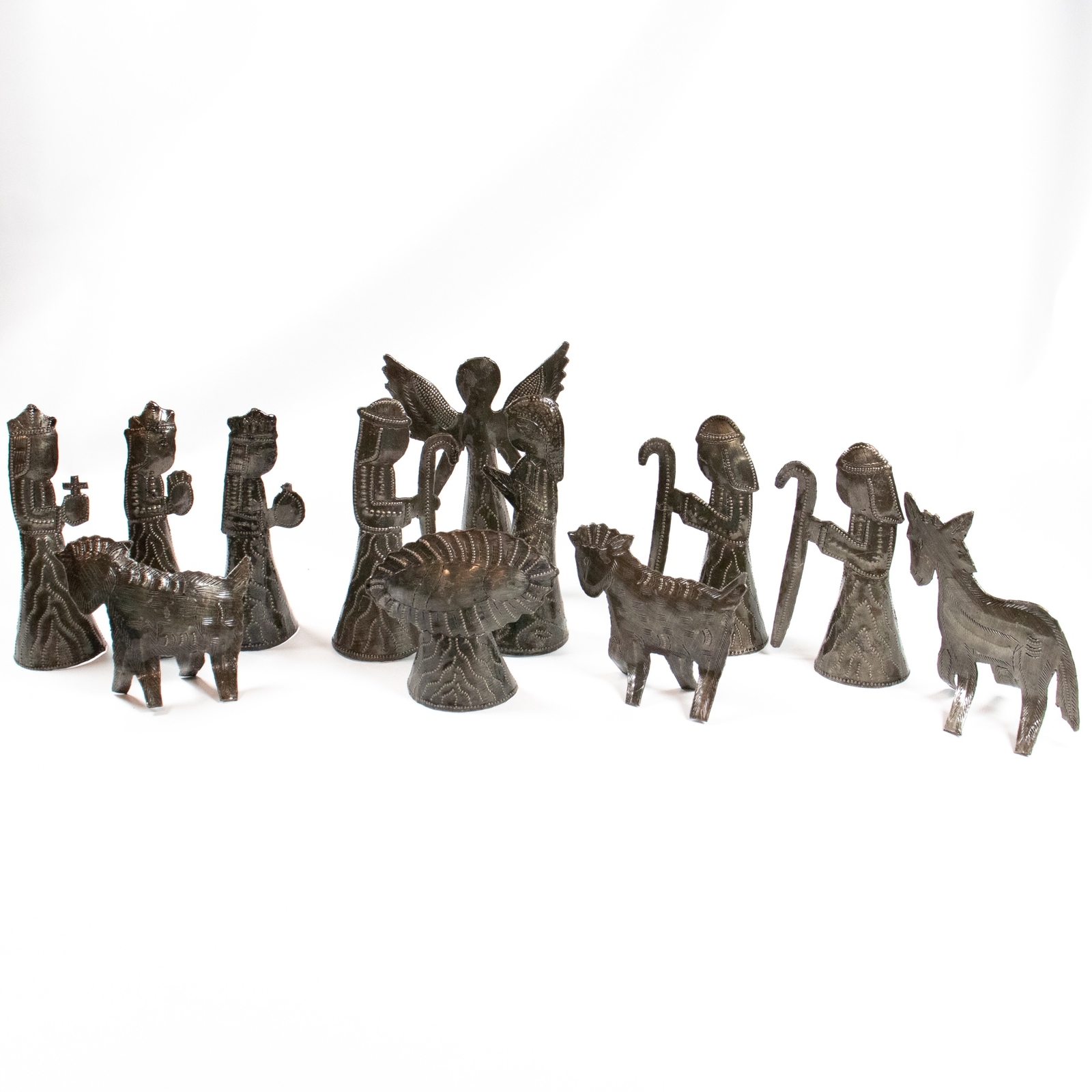 Tin Nativity Set Punched Metal Folk Art Jesus Mary Joseph Angel Christmas 12 Pcs