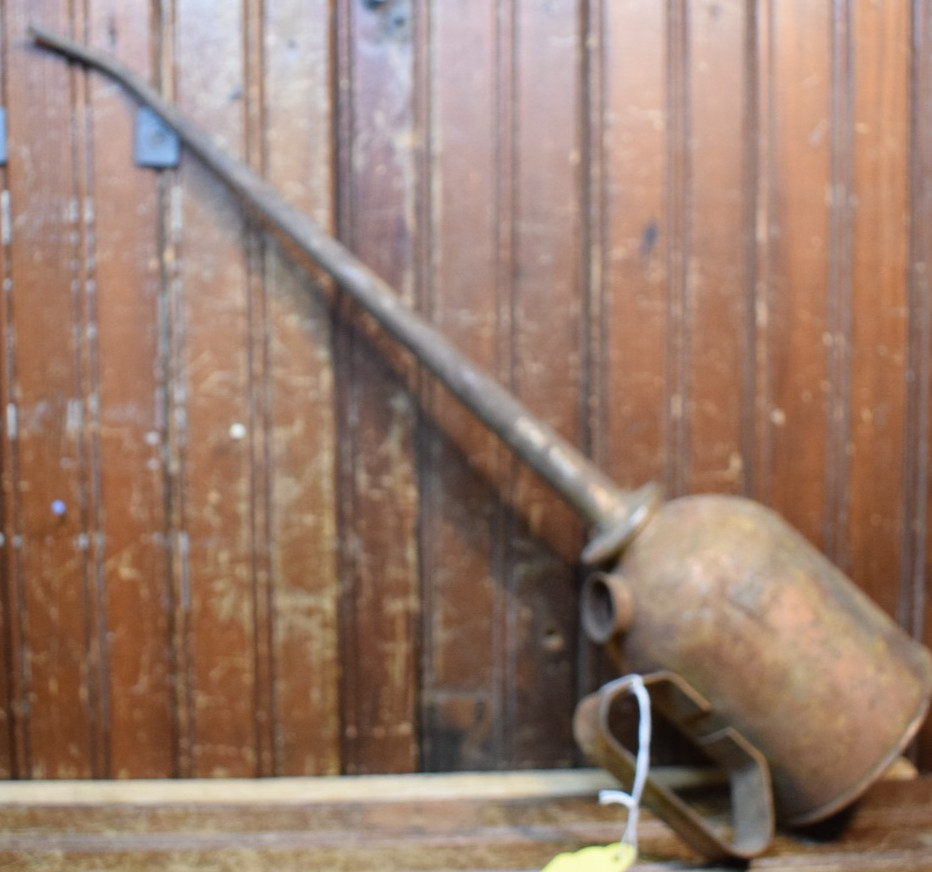 RAILROAD BRASS LONG NECK OILER CAN 20″ TALL NO OIL VINTAGE 1930s NATURAL PATINA