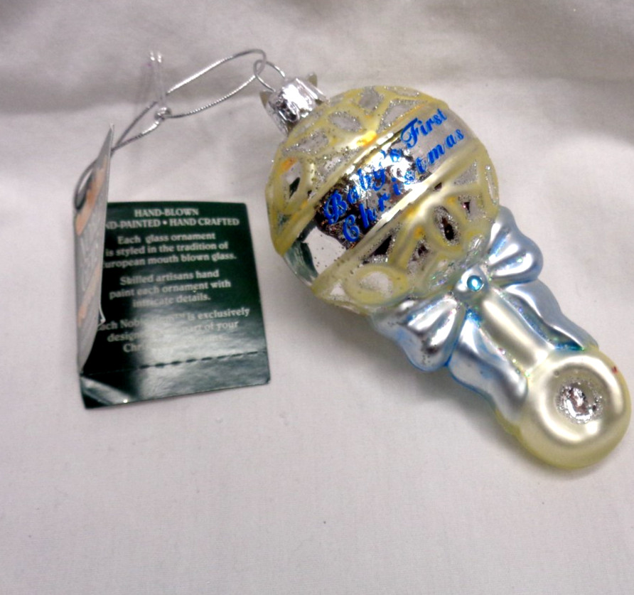 Kurt Adler NOBLE GEMS Glass Ornament BABY’S FIRST CHRISTMAS Boy Rattle