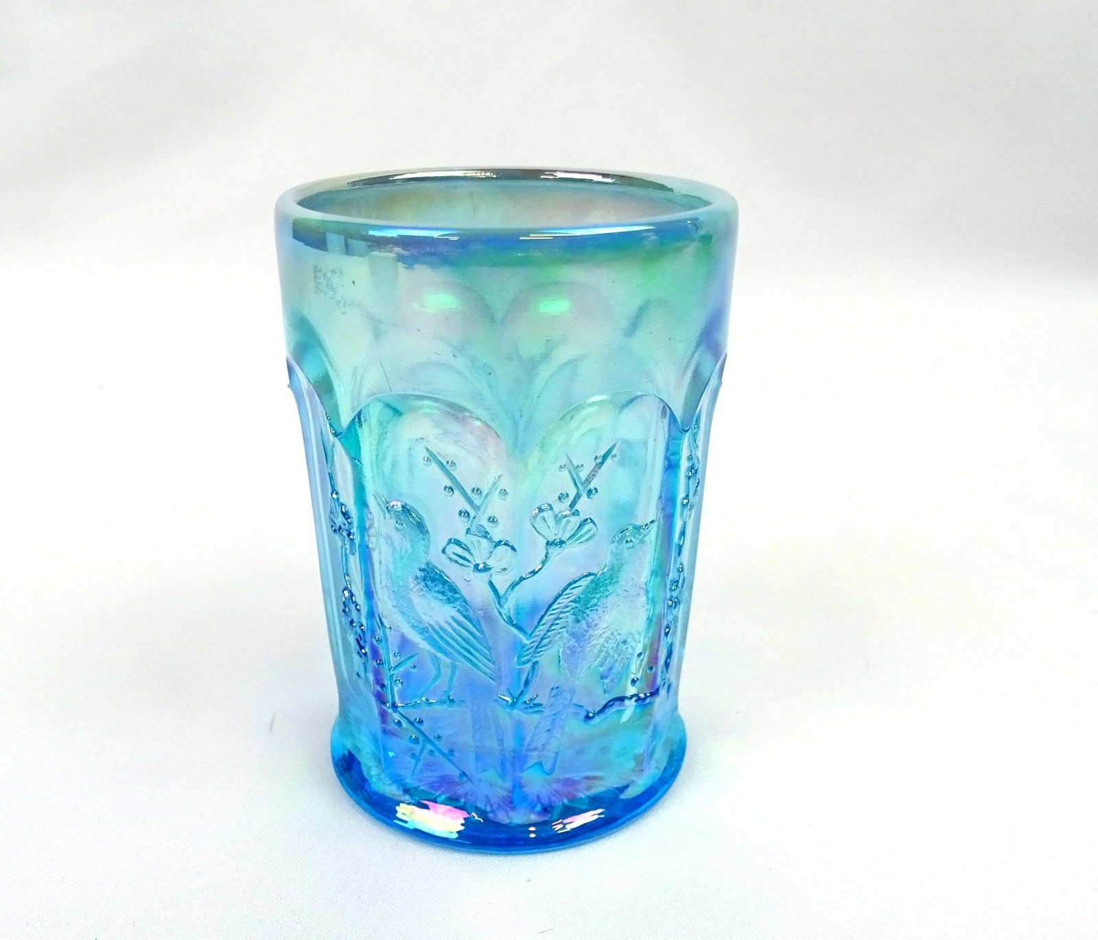 Summit Art Glass Blue Opalescent Carnival Glass Singing Birds 4″ Tumbler 1970s