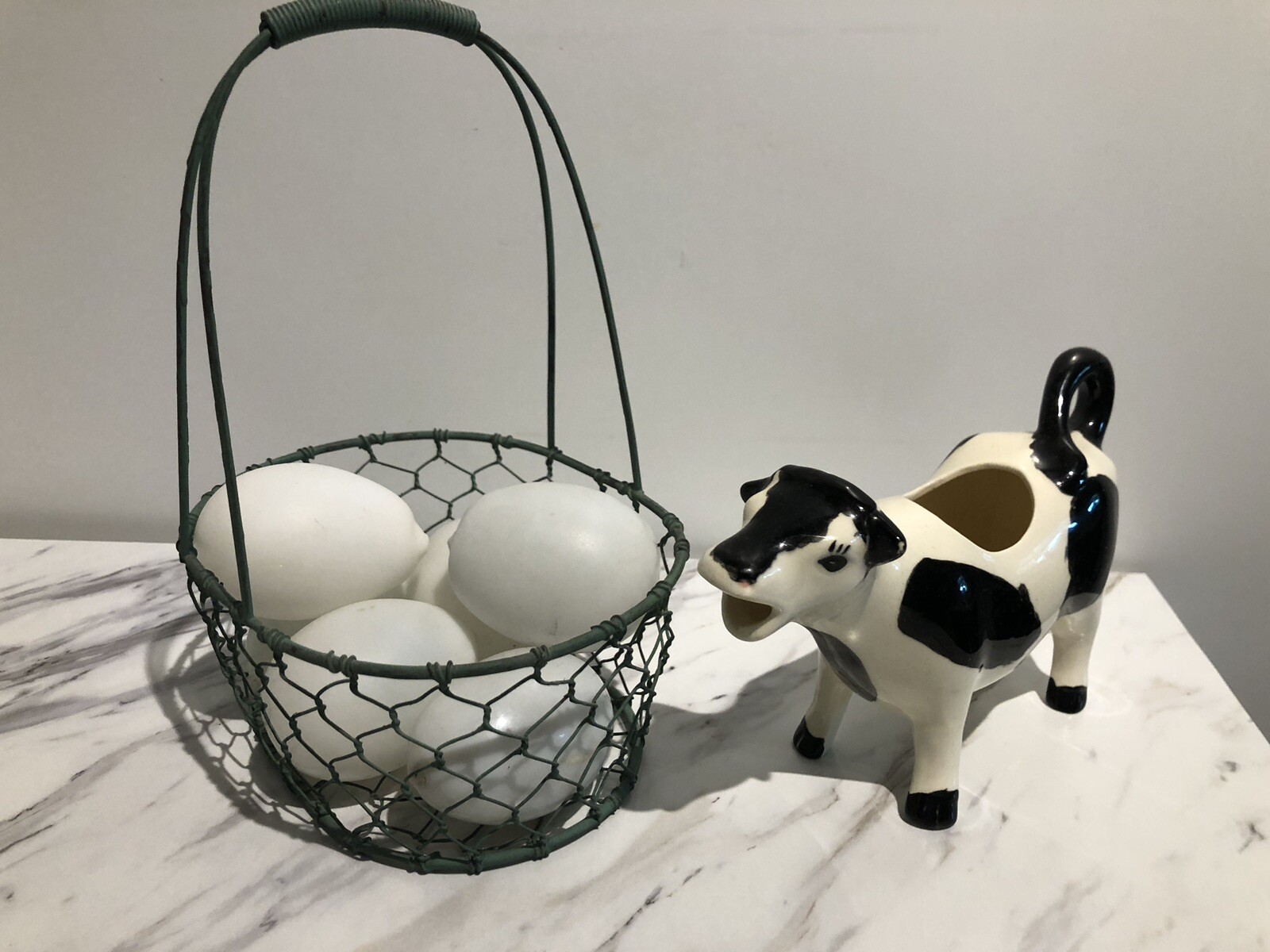 Antique Vintage Folk Art Hand Blown Milk Glass Eggs Wire Basket and Cow Creamer