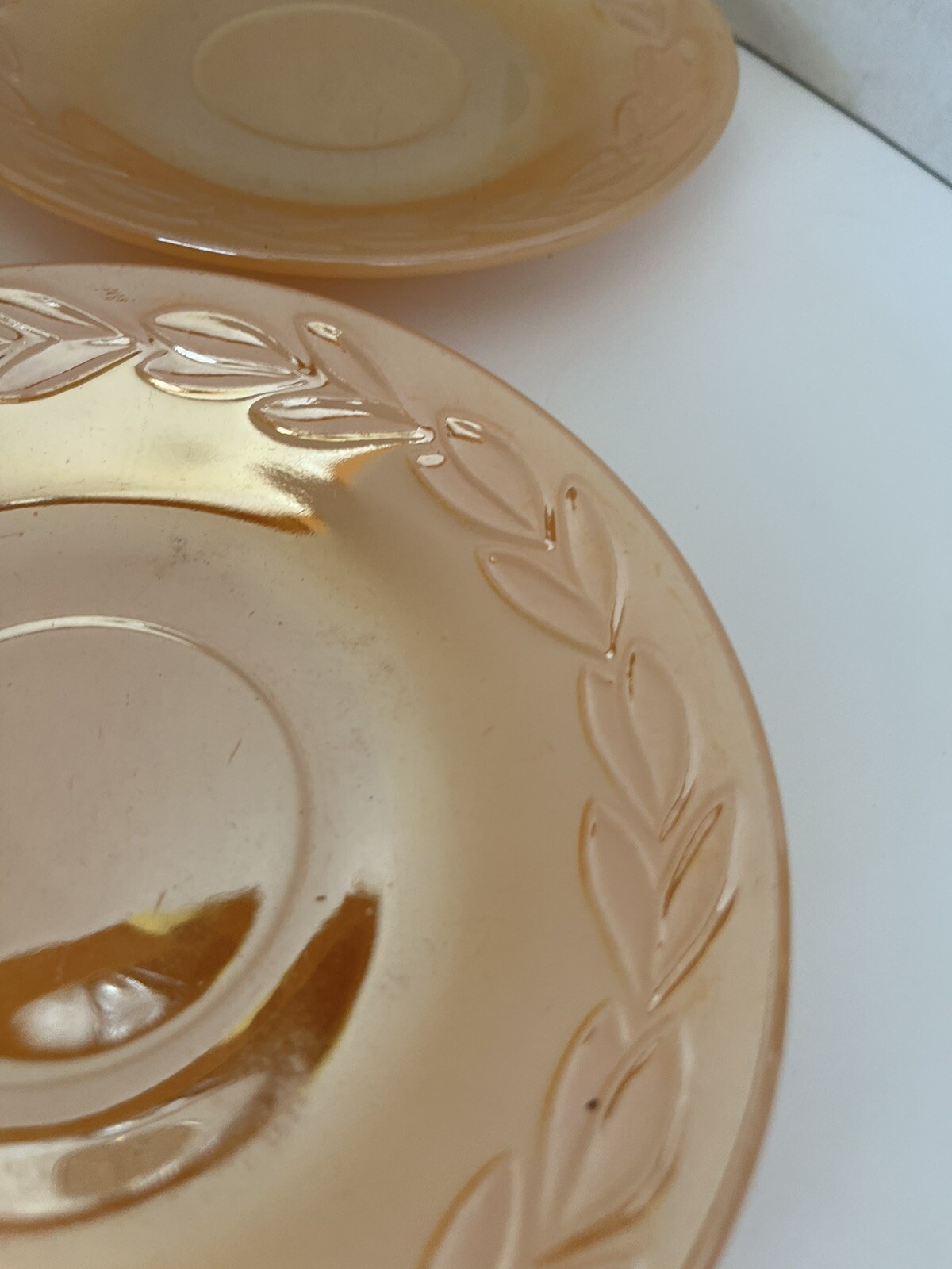 Fire King Peach Lusterware Leaf Saucer Lot of 3 Oven Proof Anchor Hocking