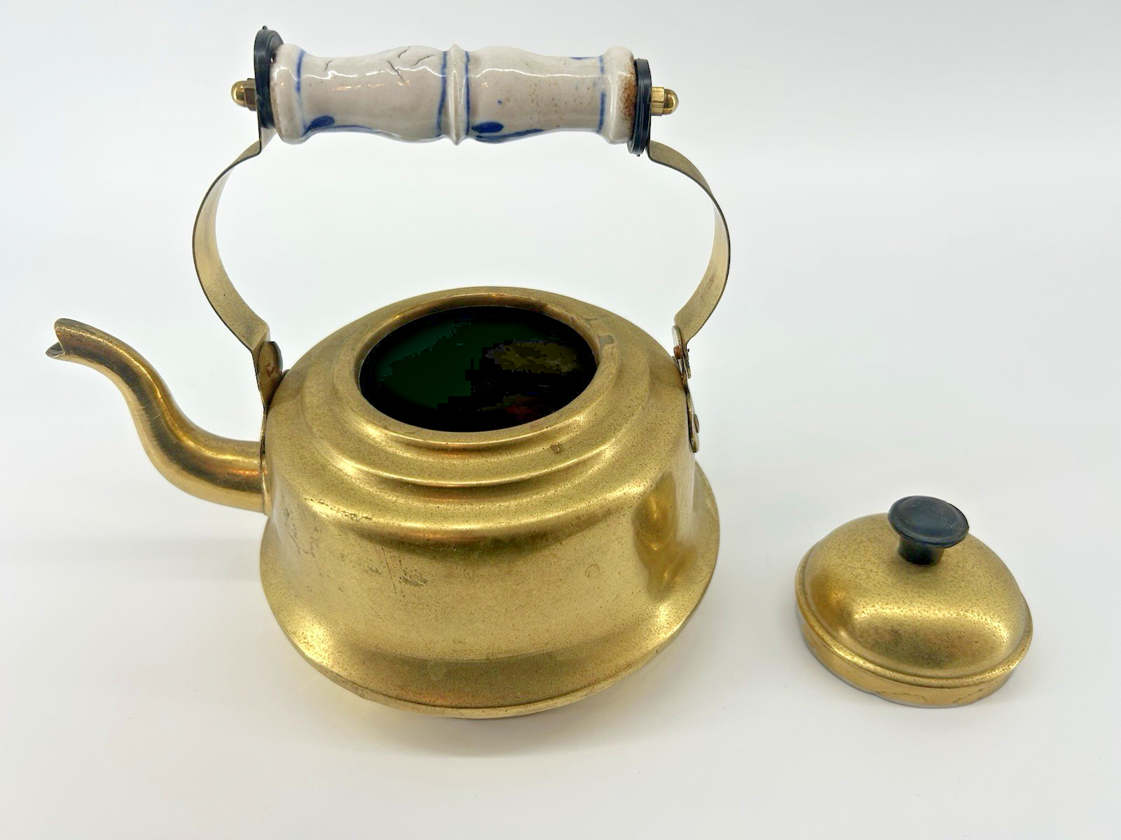 Vintage Brass Kettle with ceramic Floral decorated handle Lined Victorian Unique
