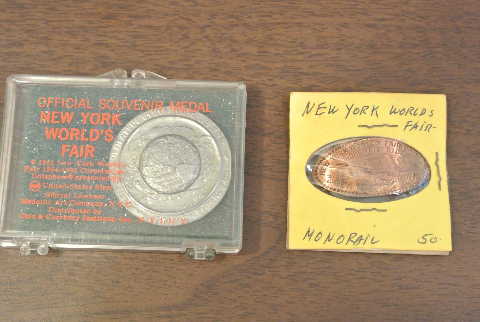New York World’s Fair 1964/65 Souvenir Official Steel 1.5” Medal & elongated 1c