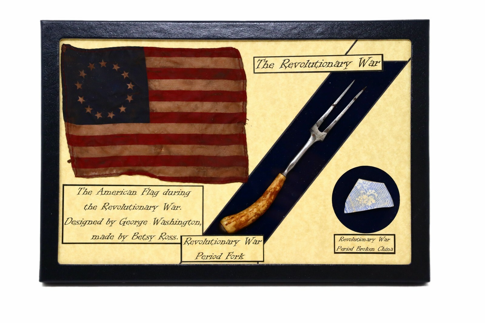 Revolutionary War Era Fork & Pottery Set in Glass Topped Display Case with COA