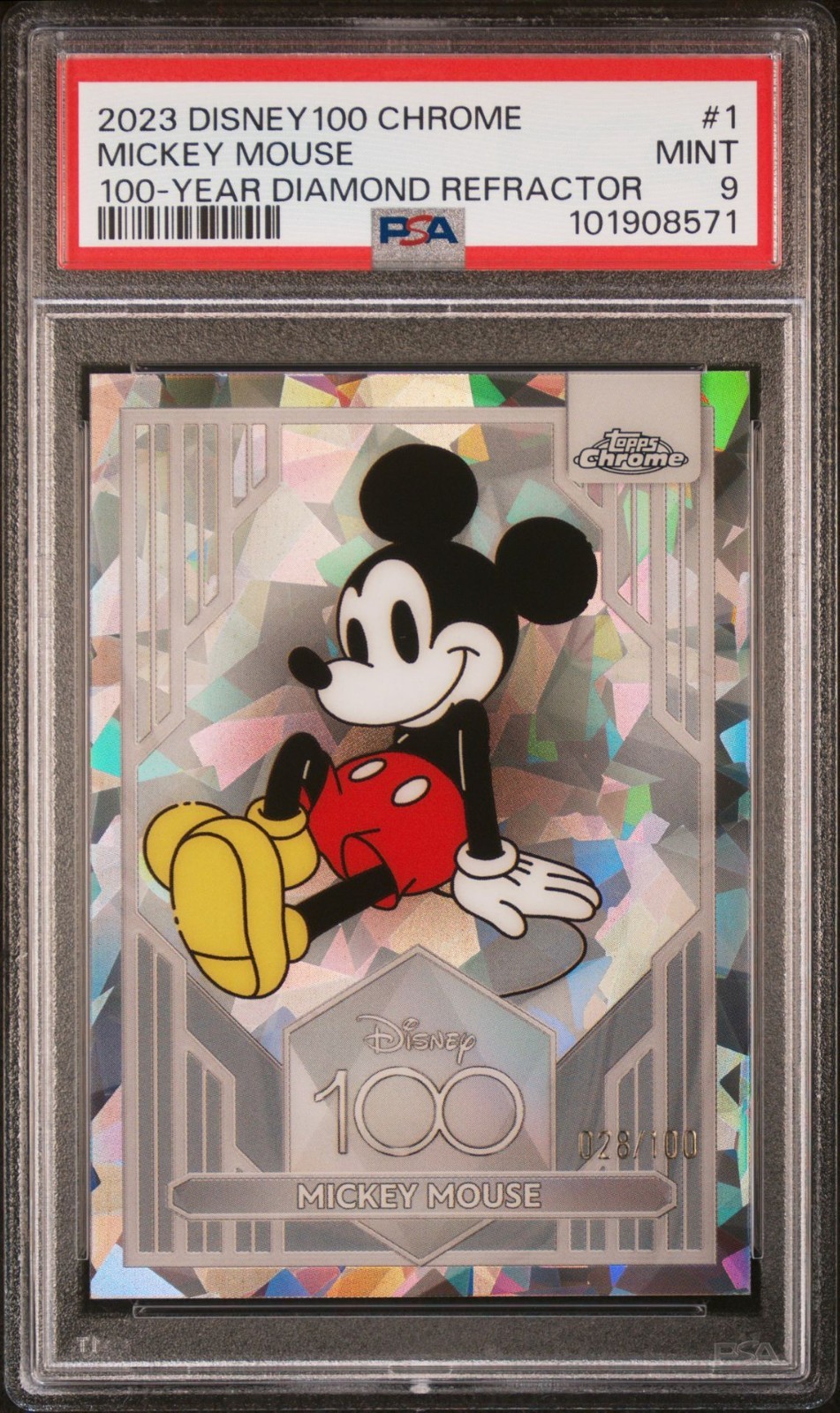 2023 Topps Chrome Disney 100 Mickey Mouse #1 Diamond Refractor /100 PSA 9