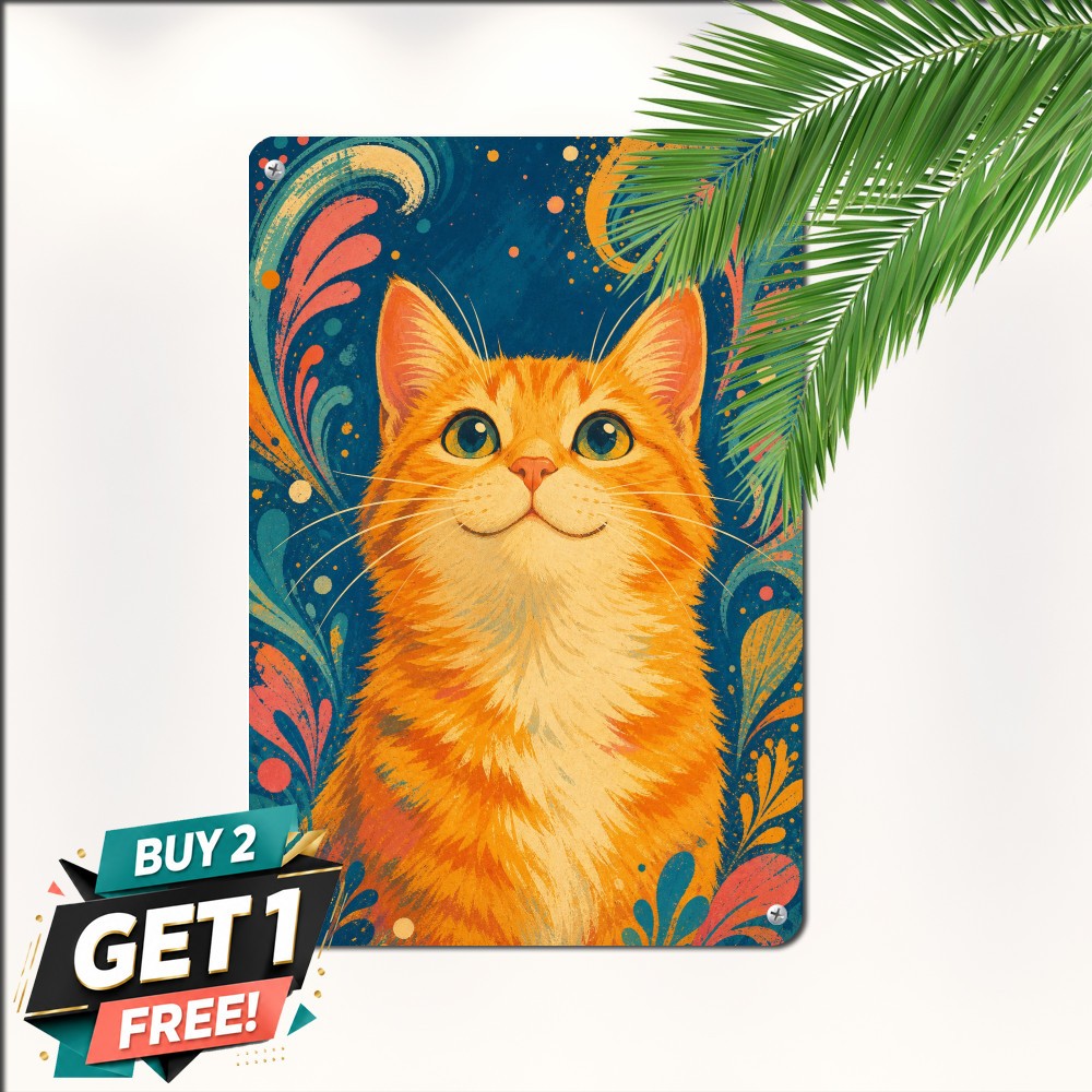 Blue Background Orange Yellow Glow Colorful Cat Illustration Pop Art Metal Sign