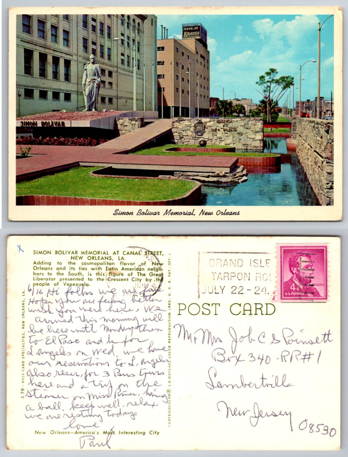 Postcard Simon Bolivar Memorial New Orleans Louisiana