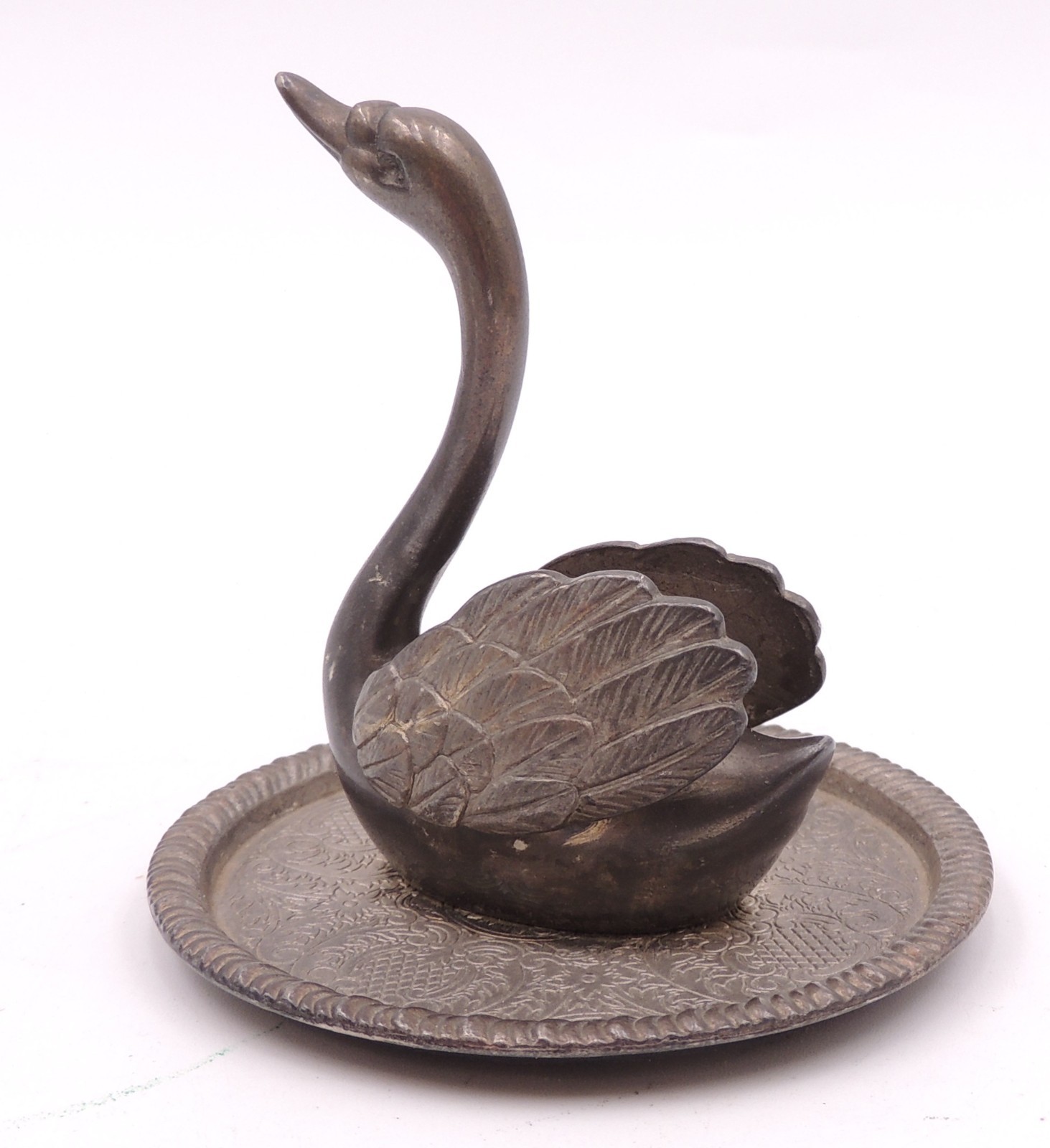 Vintage SWAN RING HOLDER EP Zinc Alloy Silver Metal Patinaed Vanity Decor MCM