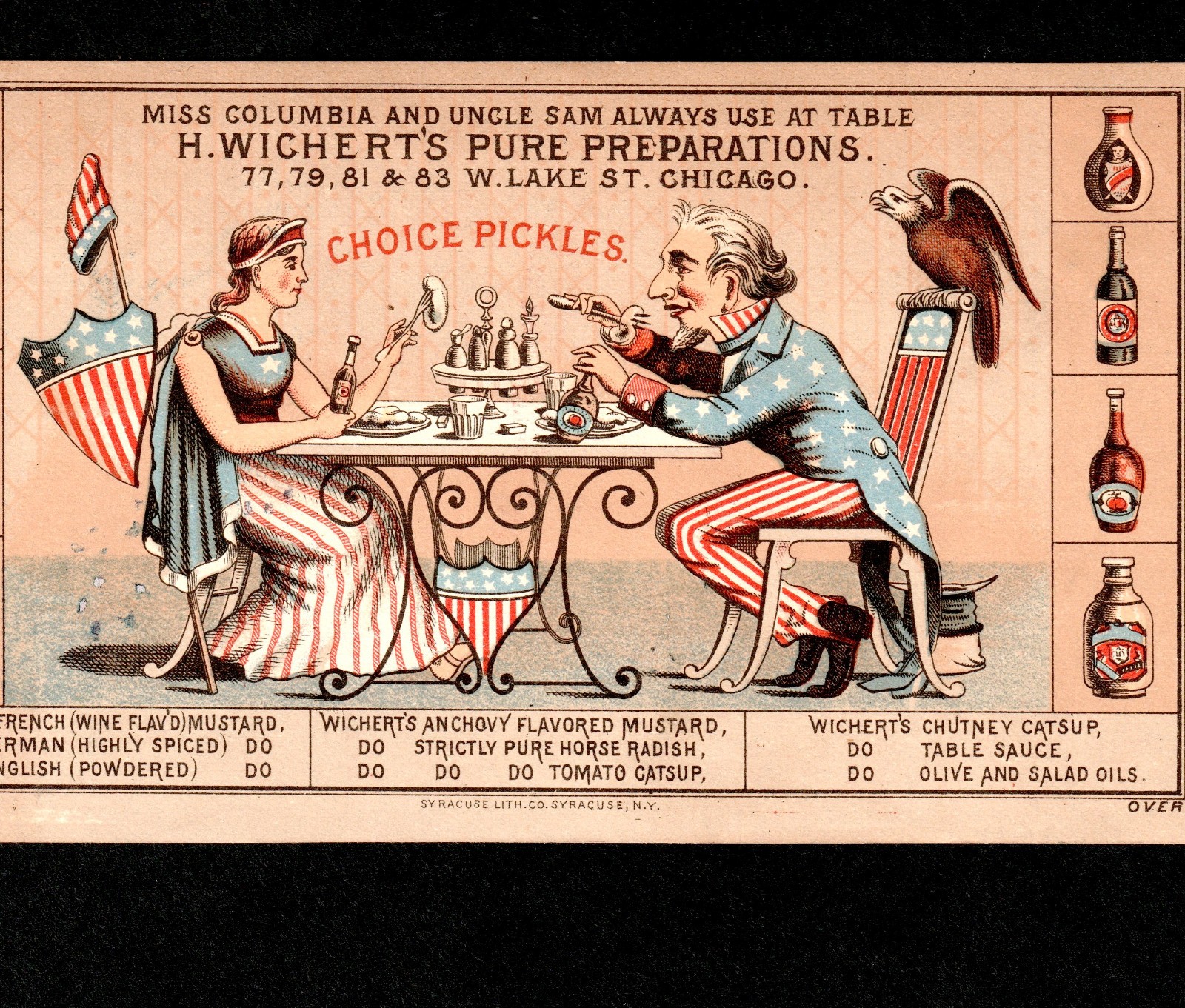 RARE Miss Columbia Uncle Sam Pickle Jar Oyster Sauce Food Bottle Trade Card j.US