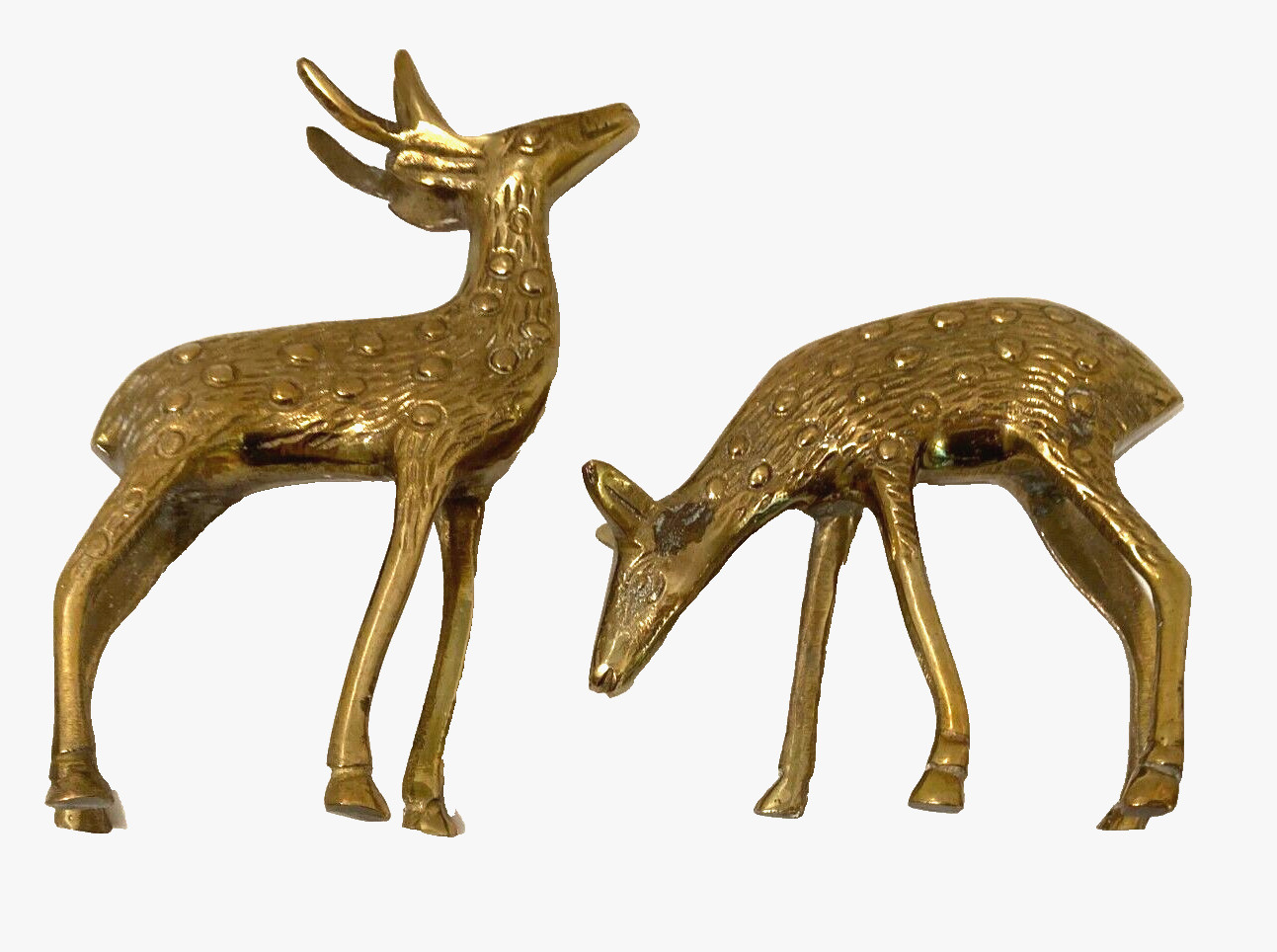 Pair (2) Solid Brass Spotted Deer Vintage Figurines MCM Buck 5″x6″ Doe 4.25″x5″