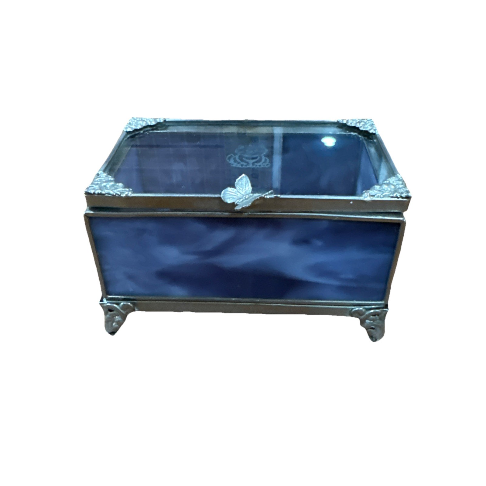 Stained Glass Trinket Box Butterfly Handle Cat Design Lid Silver Tone Accents