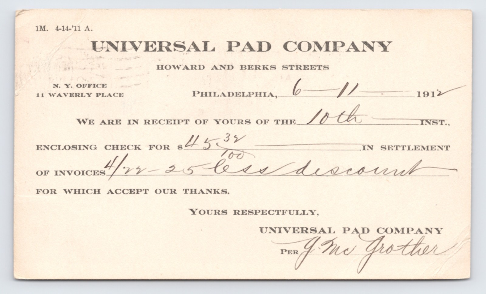 1912 Universal Pad Company Philadelphia PA Postal Card
