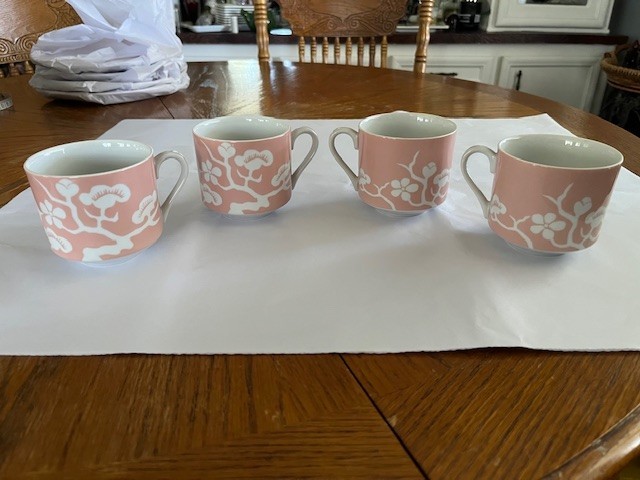 Fitz & Floyd Snack Plates and Cups, Set of 4 each, Peach & White Floral Tree