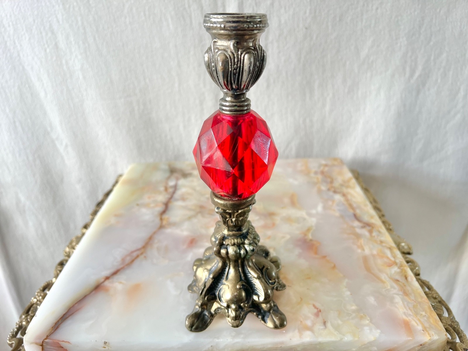Vintage 1960’s Red Lucite Candle Holders Silver Tone Gothic Baroque Set