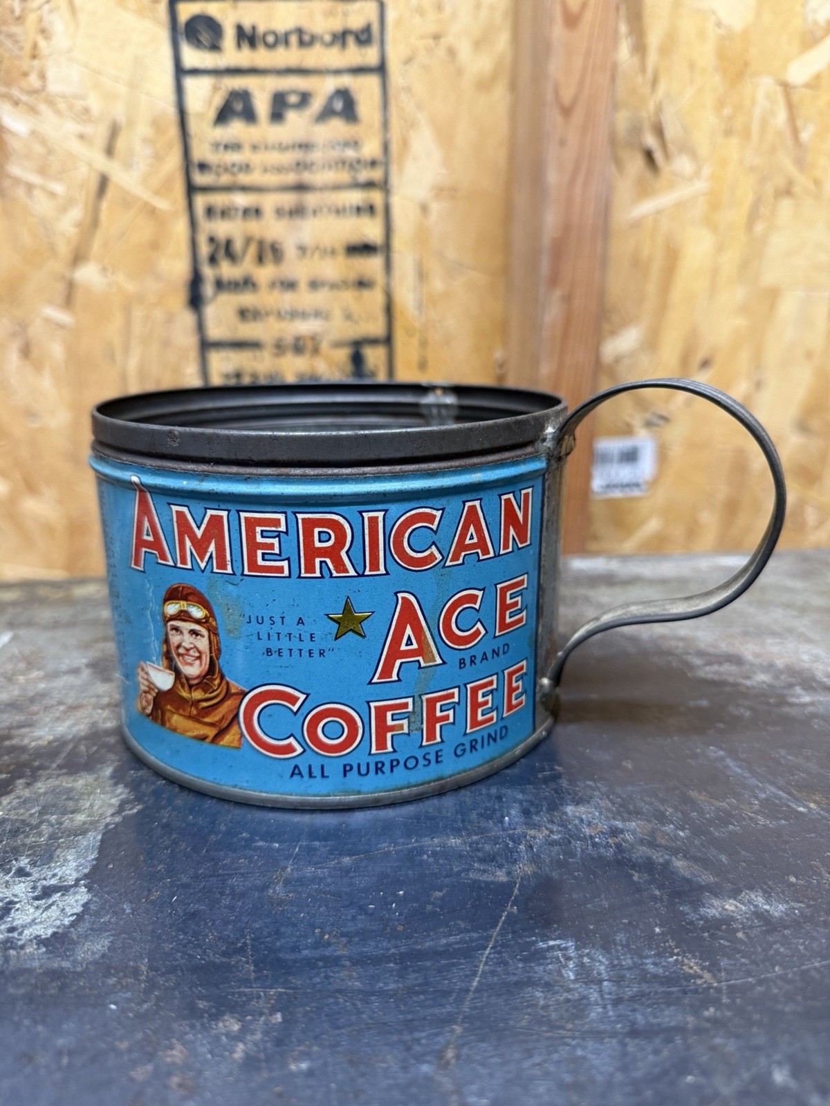 Vintage American Ace Coffee Tin One 1 Lb Key Wind Litho Can Folk Art Handle