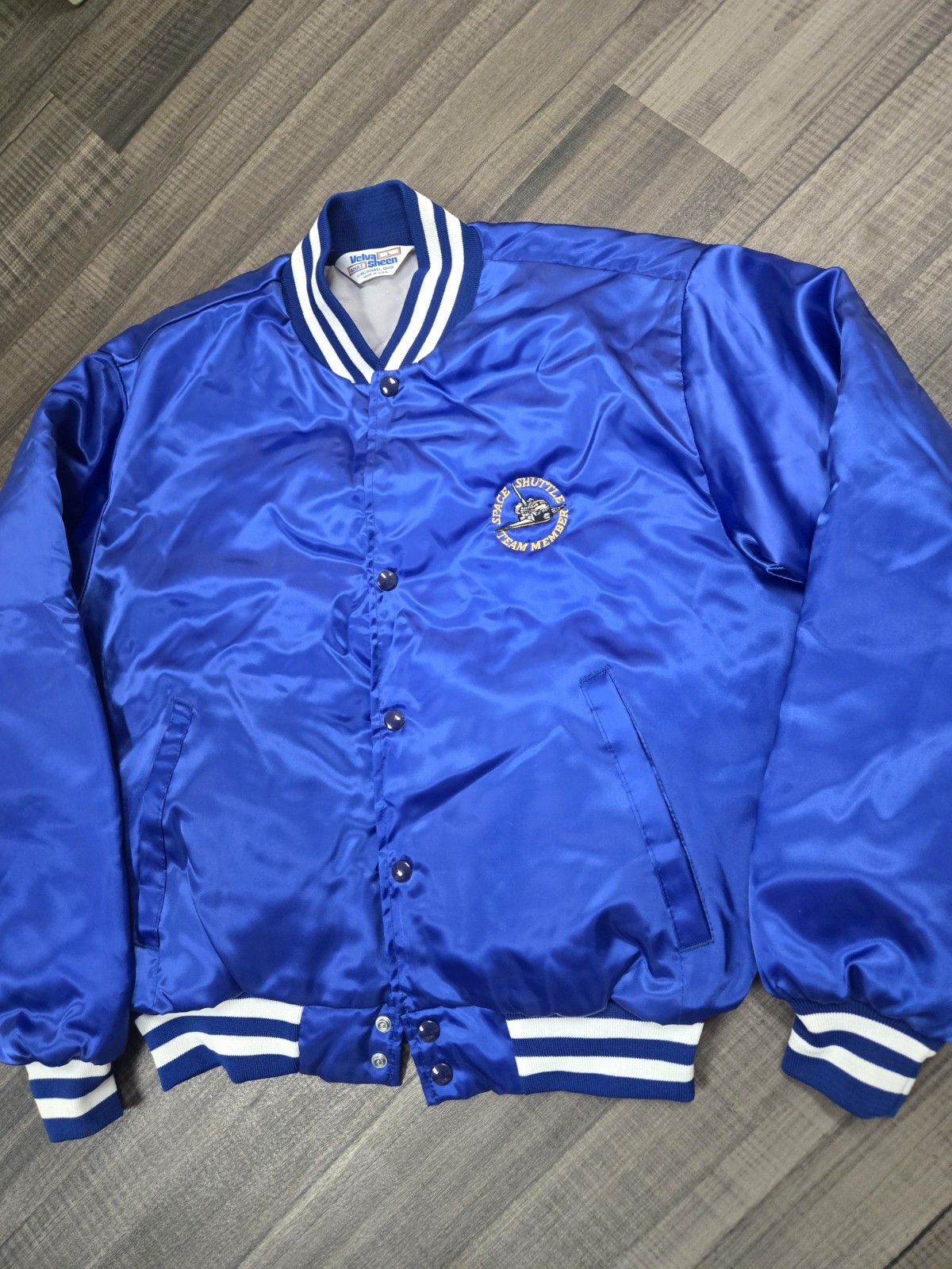 Vintage Nylon/Polyester Blue Bomber Jacket Space Shuttle Team Member Size Large