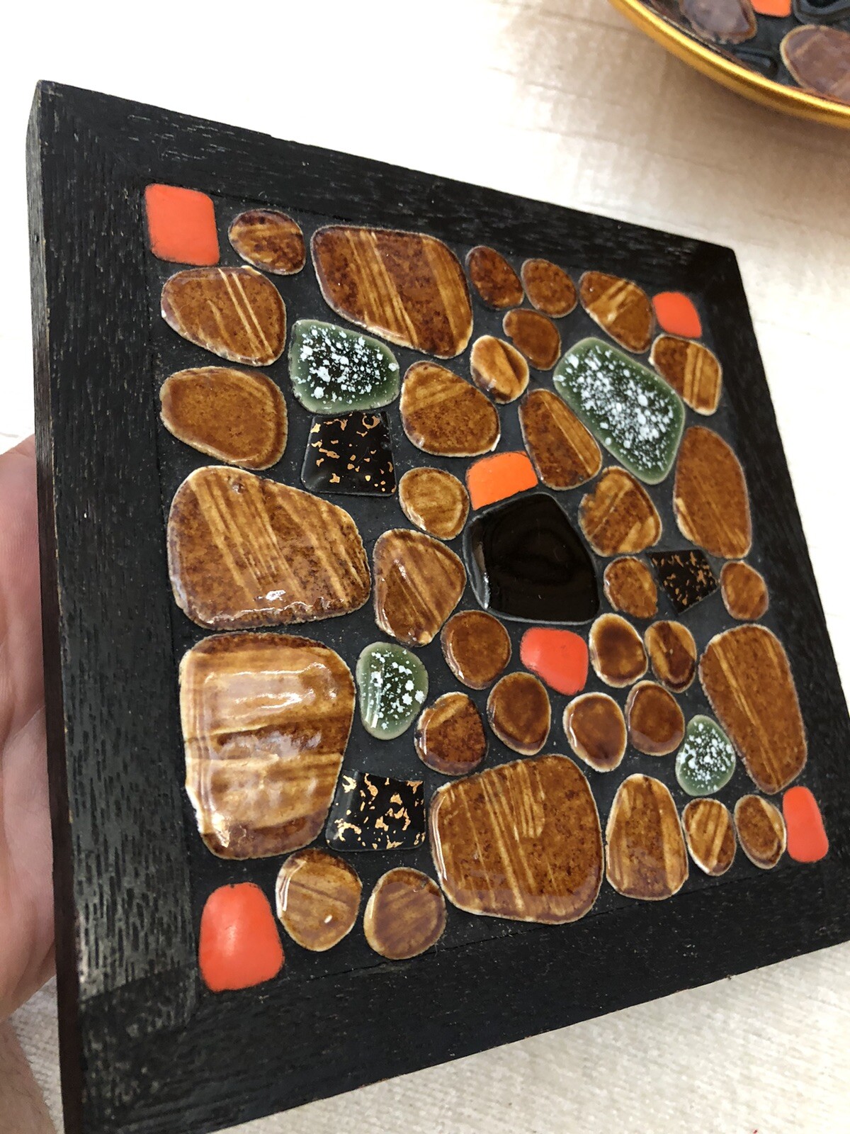 Rich Brown Orange Black Mosaic Tile MCM Trivet + Bowl Set Japan EUC