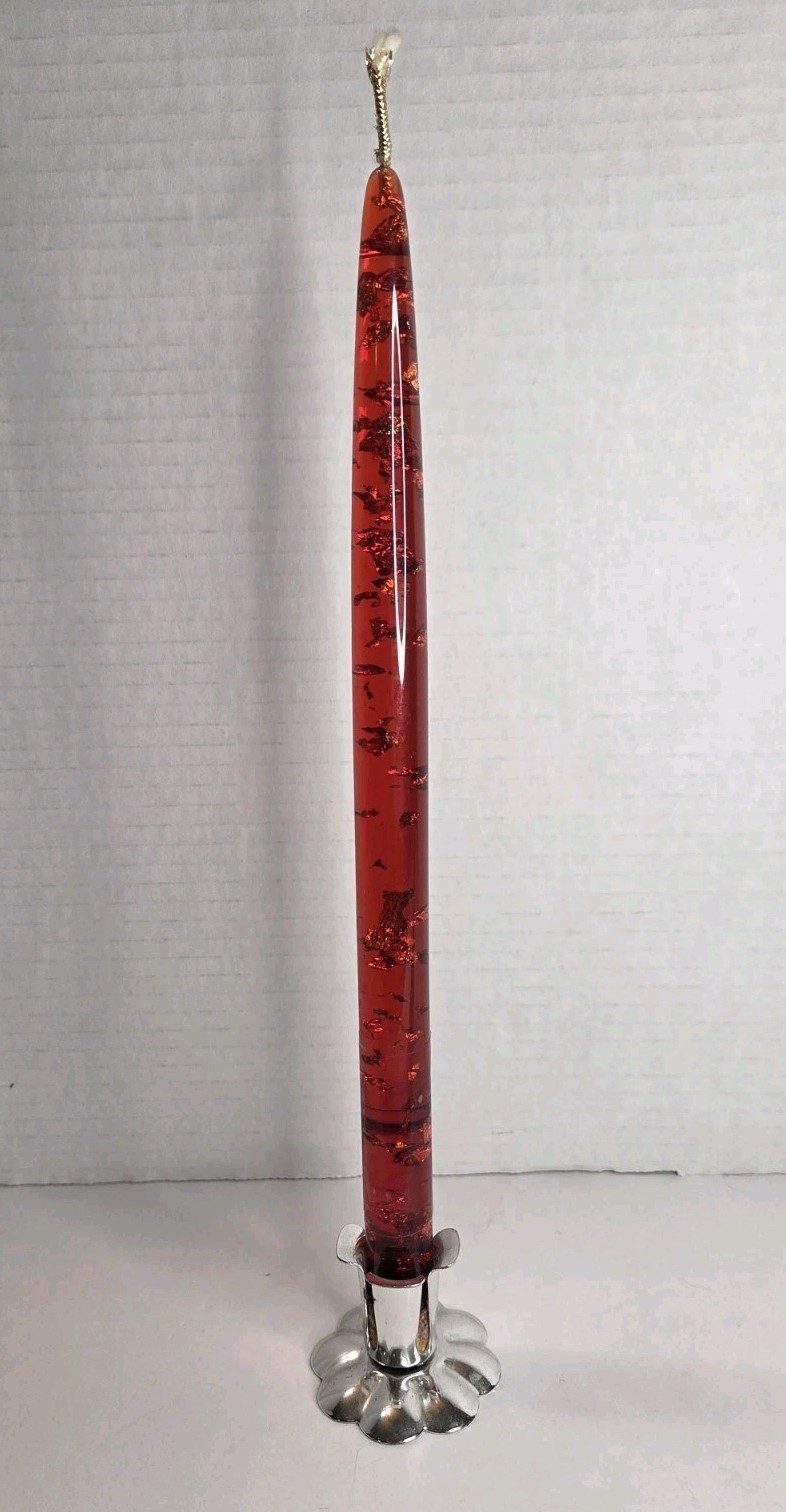 Vintage MCM Lucite Gold Flake Taper Candle Red 12″ In Metal Holder