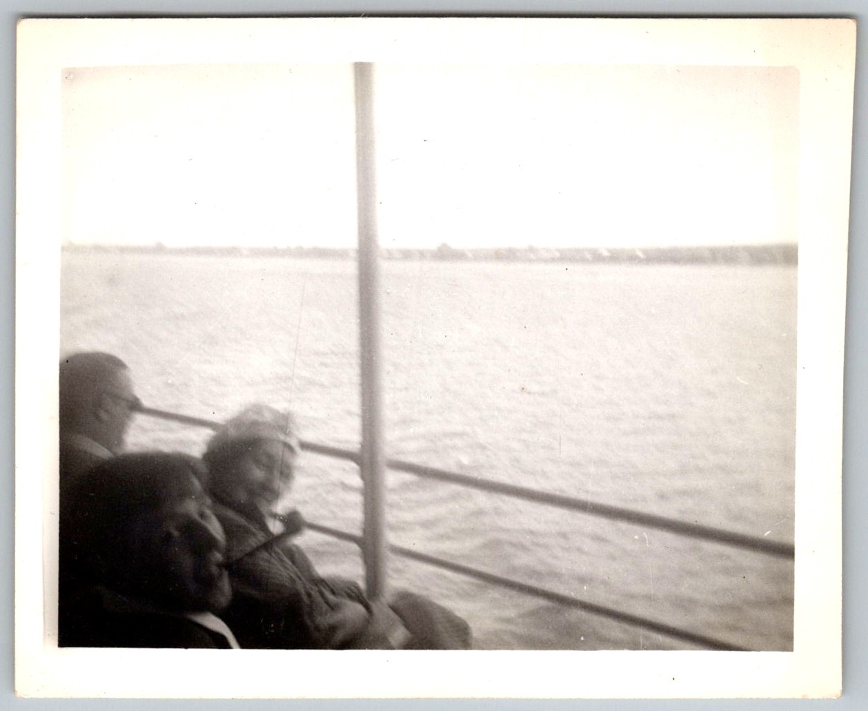 Vtg B&W Snapshot People On Boat Deck Water Horizon Ferry Travel 1930s