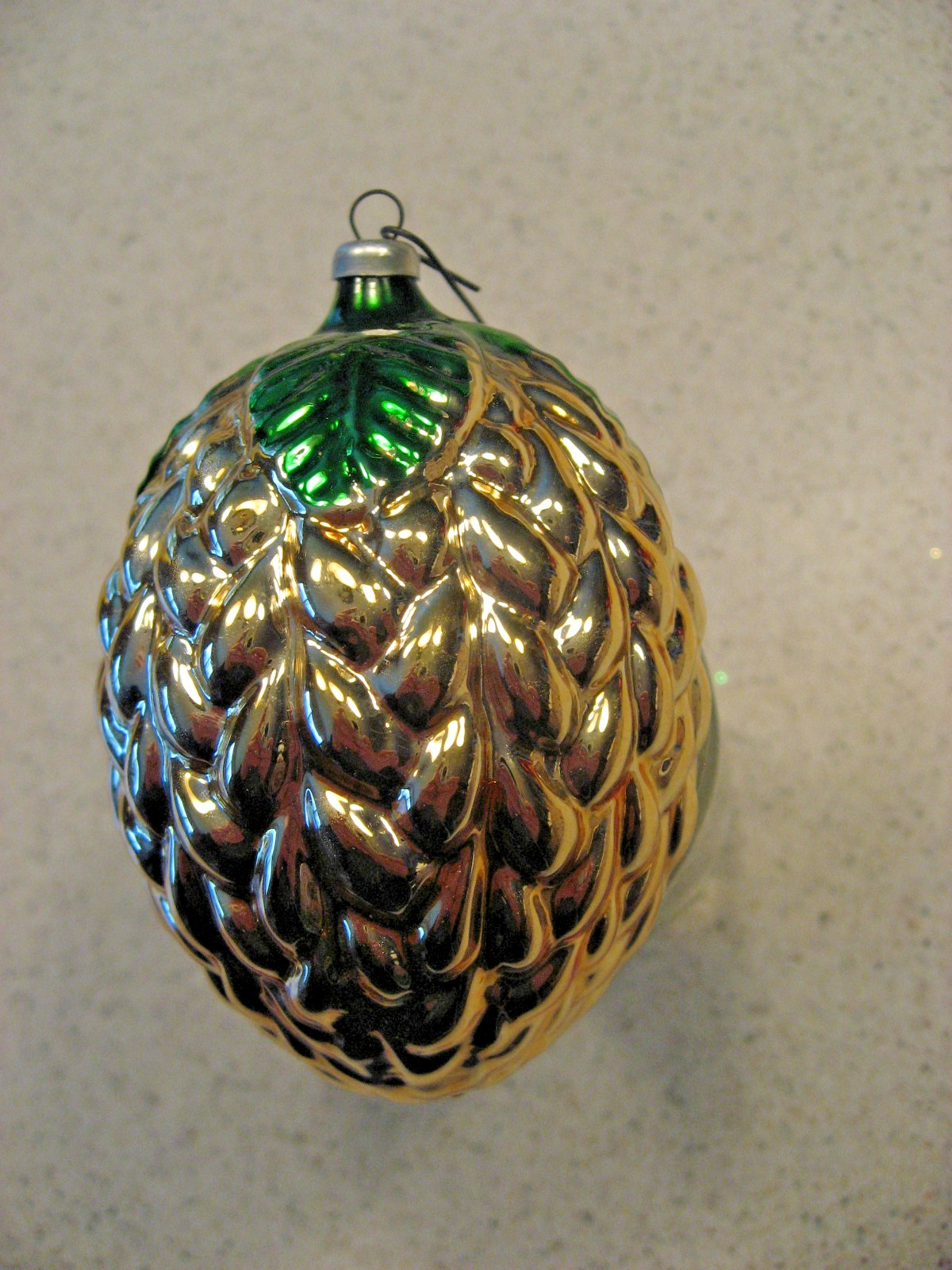 Vtg Mercury Glass Gold with Green Leaves Fruit Christmas Ornament about 2.5″T