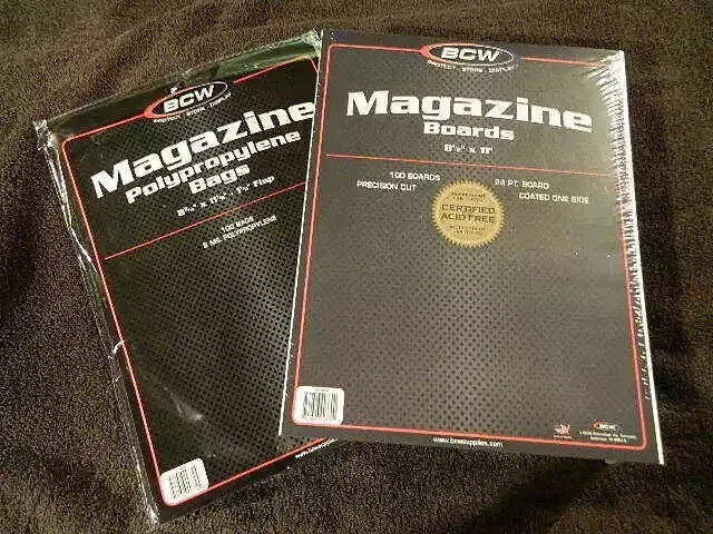 100 BCW 2-Mil Magazine Poly Bags & Magazine Size Boards Acid Free Safe Storage