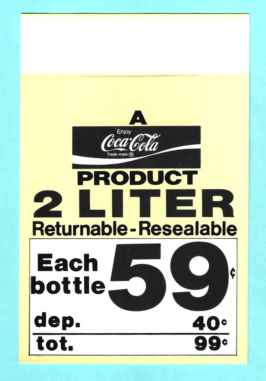 1980’s Coca Cola Bottle Hanger PRICE CARD 2 Liter Returnable