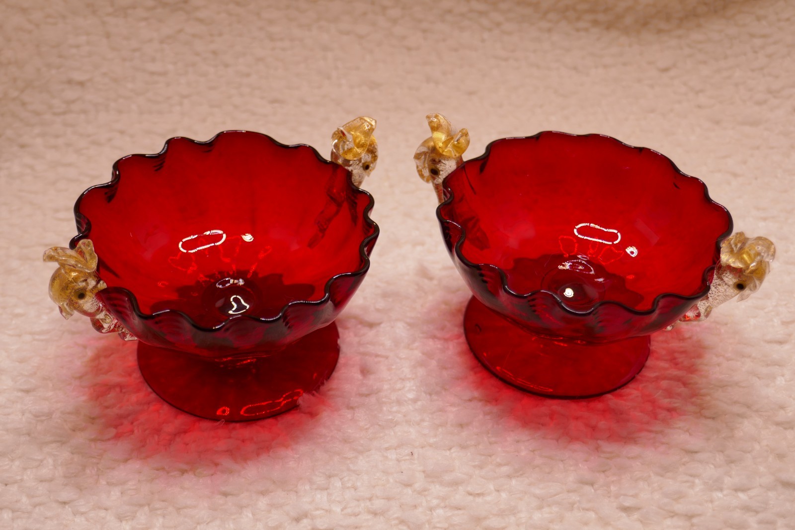 Vtg Pair of Venetian Salviati Ruby Red & Dolphin Handled Glass Salt Cellars