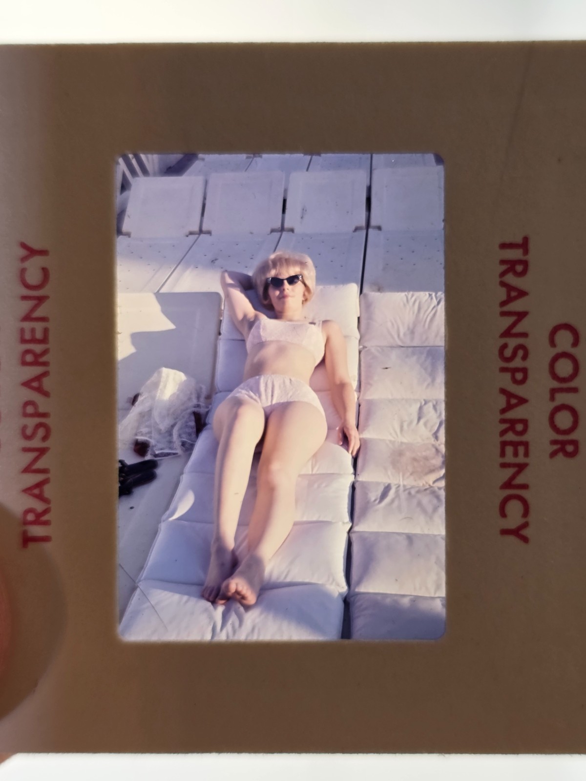 50s/60s Sexy Girl Cat-Eye in Sunglasses Vintage 35mm Film Slide Swimsuit Lounge