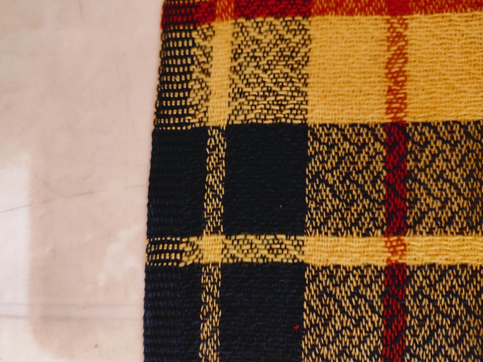Vtg Mid Century Woven Bedspread Red Yellow Black Plaid 97×83″ Twin? Retro
