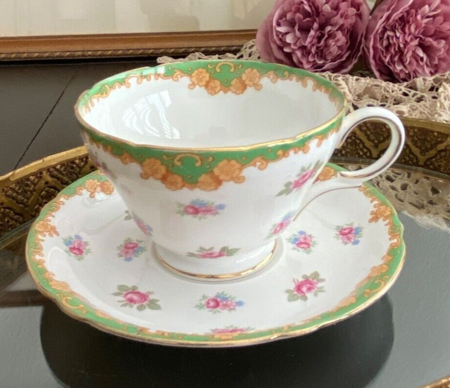 VTG Teacup & Saucer Shelley Fine Bone Primrose Green Yellow Pink Signed & #
