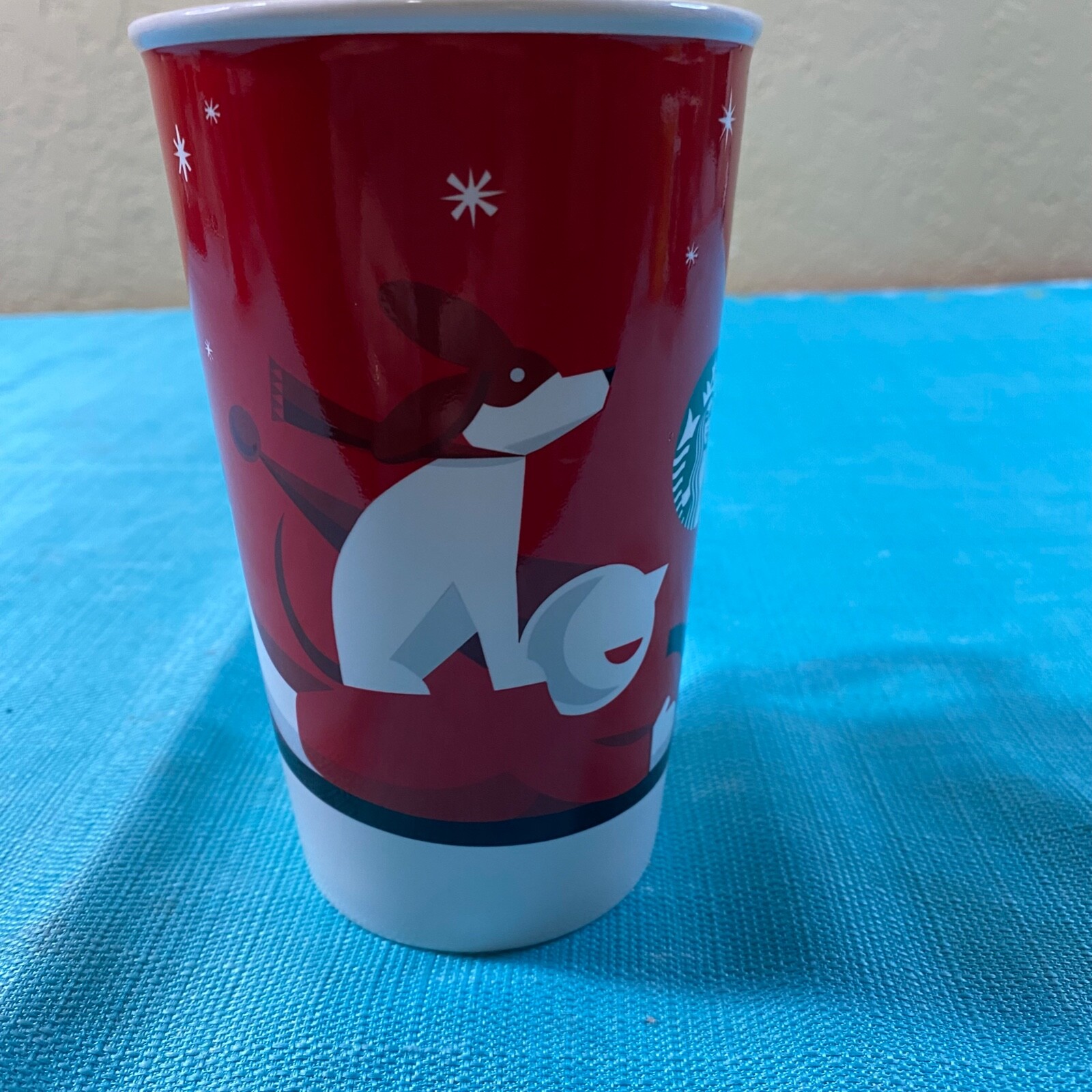 Starbucks 2011 Winter Coffee Tea Cup Mug Ceramic Tall 16 oz Green Logo Red White