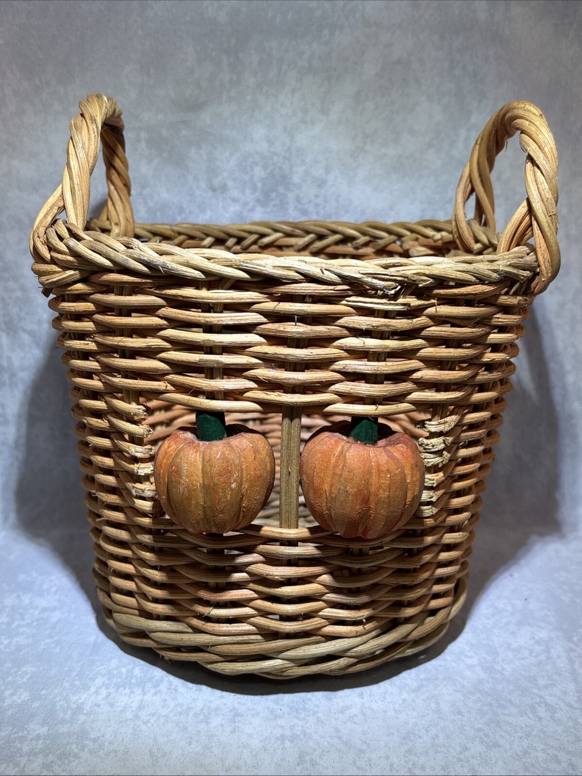Wicker Basket w/ Carved Pumpkins & 2 Handles Fall Autumn Halloween Thanksgiving
