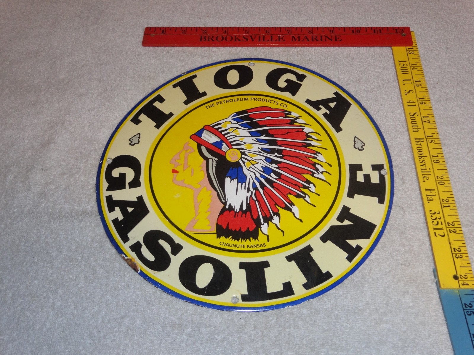 VINTAGE 11 3/4″ in TIOGA GASOLINE INDIAN CHIEF PORCELAIN METAL KANSAS OIL SIGN