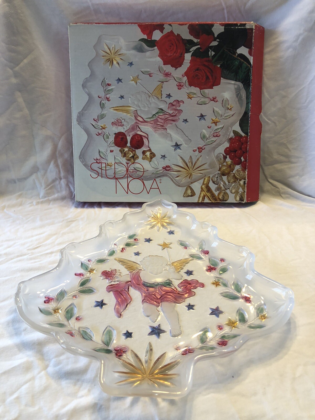 Studio Nova Angel’s Wish Christmas Tree Shaped Crystal Platter Tray Stained