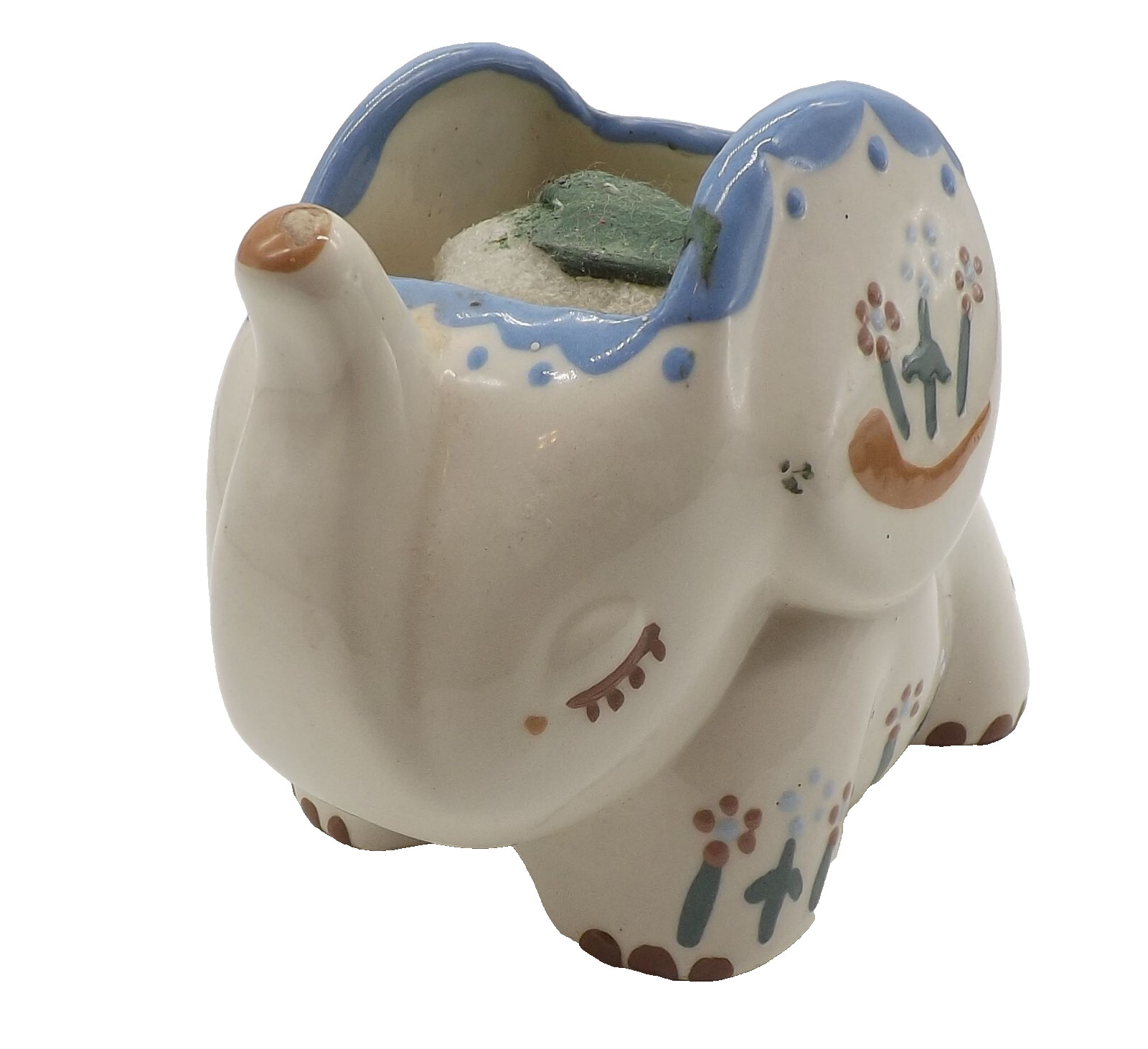 Vintage White Elephant Painted Flowers Nursery Decor Planter Container 319 D