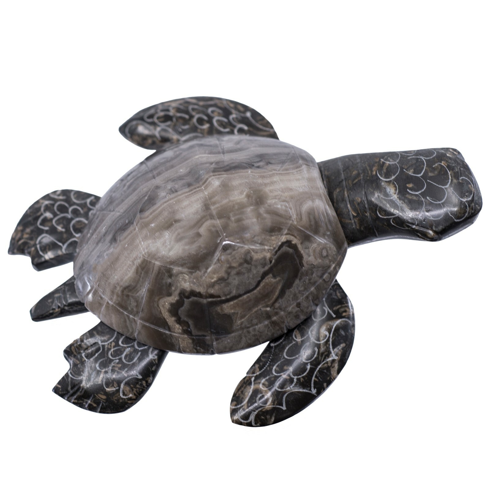 Unique Hand Carved Marble Stone Sea Turtle Figurine Carving 4″ Long Gray Shades