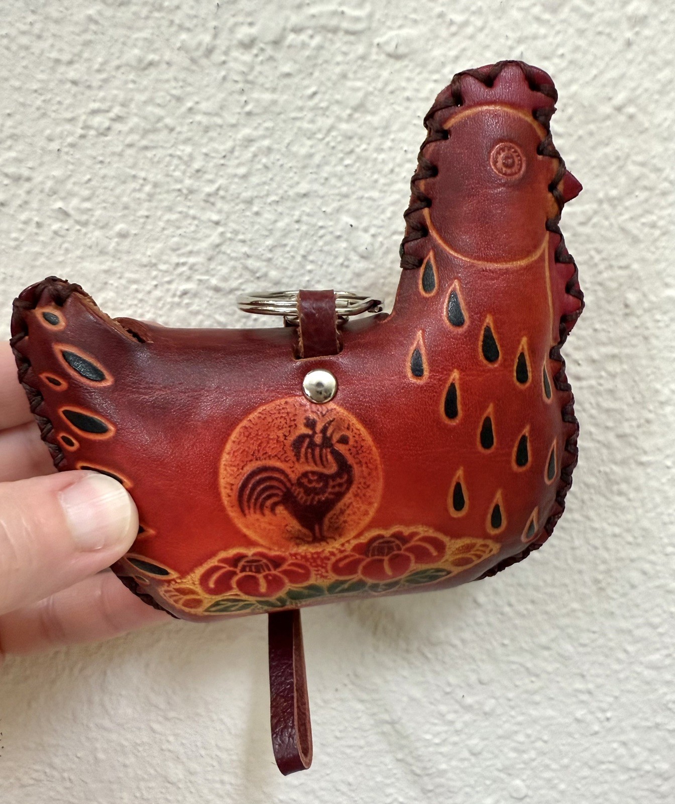 Hand Tooled Genuine Leather Rooster/Chicken Genuine Leather Coin Purse Wristlet